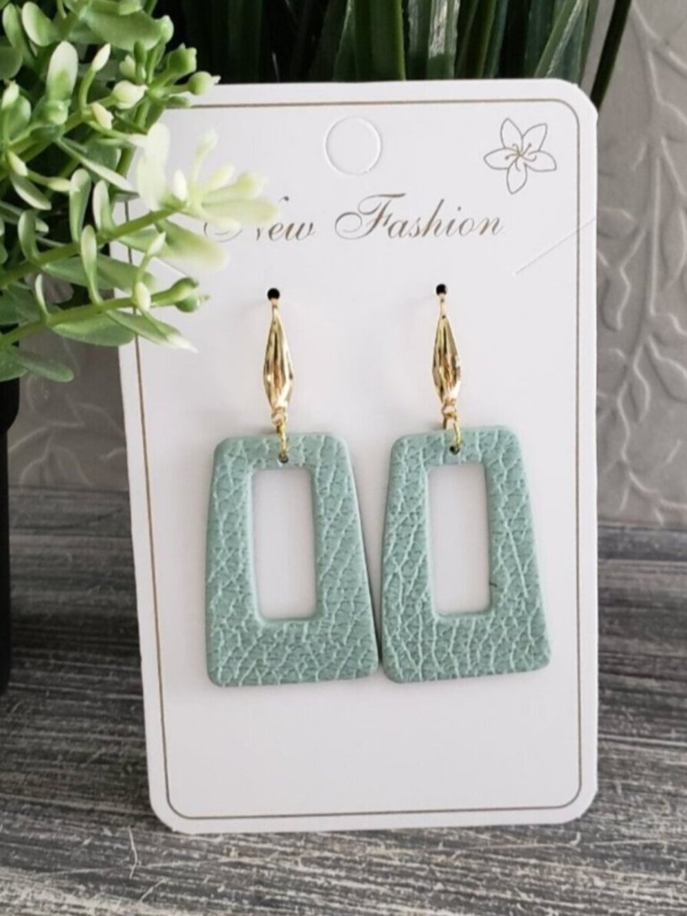 Hand Crafted Polymer Clay Green Leather Look and Gold Earrings - NEW